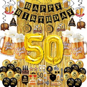 50th birthday decorations for men women - (60pcs) black gold party Banner, 40 Inch Gold Balloons,50th Sign Latex Balloon,Fringe Curtains and cheers to you Foil Balloons,Hanging Swirl,photo props