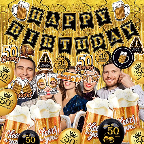 50th birthday decorations for men women - (60pcs) black gold party Banner, 40 Inch Gold Balloons,50th Sign Latex Balloon,Fringe Curtains and cheers to you Foil Balloons,Hanging Swirl,photo props