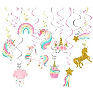 nicrohome unicorn party decorations, 30pcs unicorn hanging swirl with glitter cardboard, unicorn birthday decorations for girls