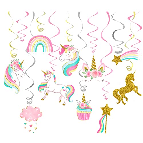 NICROHOME Unicorn Party Decorations, 30PCS Unicorn Hanging Swirl with Glitter Cardboard, Unicorn Birthday Decorations for Girls