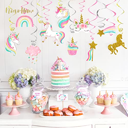 NICROHOME Unicorn Party Decorations, 30PCS Unicorn Hanging Swirl with Glitter Cardboard, Unicorn Birthday Decorations for Girls