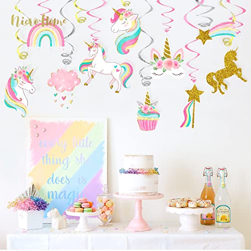 NICROHOME Unicorn Party Decorations, 30PCS Unicorn Hanging Swirl with Glitter Cardboard, Unicorn Birthday Decorations for Girls