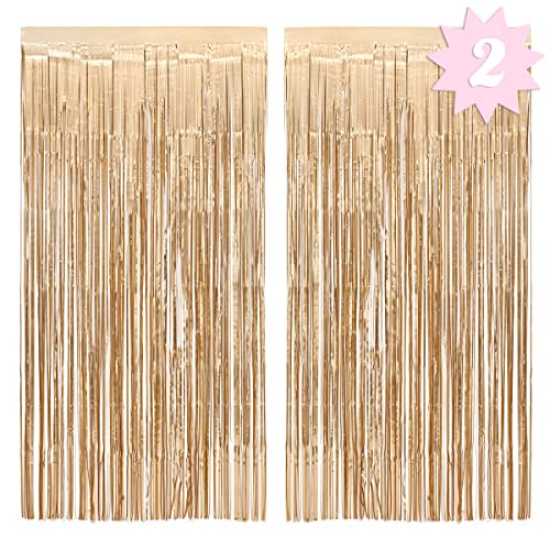 xo, Fetti Party Decorations Matte Gold Fringe Foil Curtain - Set of 2 | Bachelorette, Bridal Shower Backdrop, Wedding, Birthday Photo Booth