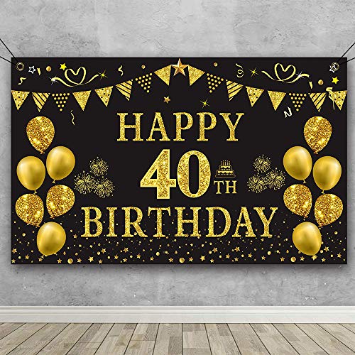 Trgowaul 40th Birthday Backdrop Gold and Black 5.9 X 3.6 Fts Happy Birthday Party Decorations Banner for Women Men Photography Supplies Background Happy Birthday Decoration