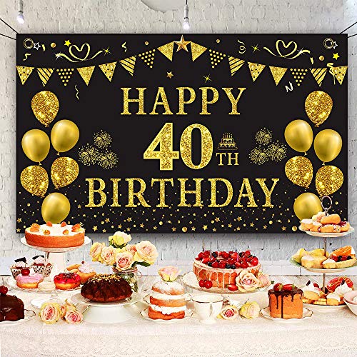 Trgowaul 40th Birthday Backdrop Gold and Black 5.9 X 3.6 Fts Happy Birthday Party Decorations Banner for Women Men Photography Supplies Background Happy Birthday Decoration