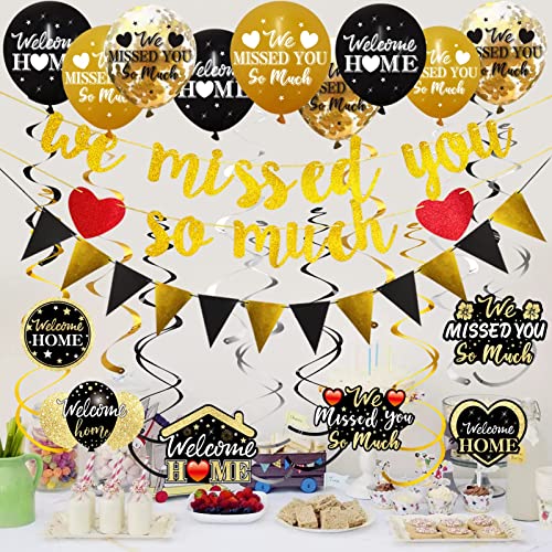 Welcome Home Decorations, 40Pcs We Missed You So Much Banner Balloon Hanging Swirls Kit, Gold Welcome Back Theme Sign Party Supplies, Homecoming Party Decor