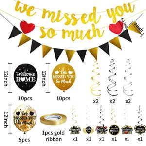 Welcome Home Decorations, 40Pcs We Missed You So Much Banner Balloon Hanging Swirls Kit, Gold Welcome Back Theme Sign Party Supplies, Homecoming Party Decor