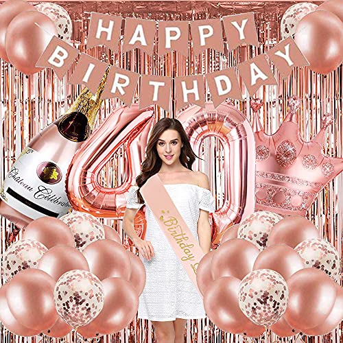 40th Birthday Decorations for Women, Rose Gold 40 Birthday Party Decoration for Her, 40th Happy Birthday Banner Kits Rosegold Balloons Decoration for Women 40th Birthday Party Supplies