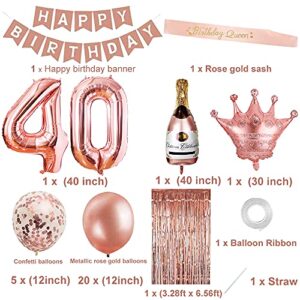 40th Birthday Decorations for Women, Rose Gold 40 Birthday Party Decoration for Her, 40th Happy Birthday Banner Kits Rosegold Balloons Decoration for Women 40th Birthday Party Supplies