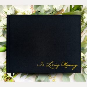 funeral guest book – elegant in loving memory memorial service guest book for funeral with matching share a memory table stand – 250 guests entries with name & address, hardcover (black)