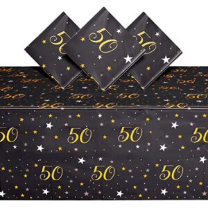 juvale 3 pack 50th birthday tablecloth for party decorations, plastic table covers for anniversary (black, gold, 54 x 108 in)