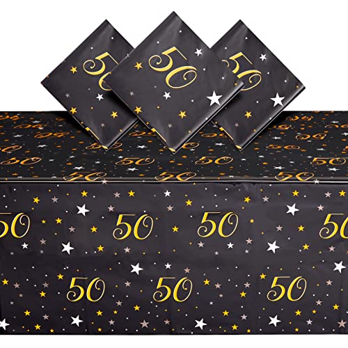 Juvale 3 Pack 50th Birthday Tablecloth for Party Decorations, Plastic Table Covers for Anniversary (Black, Gold, 54 x 108 in)