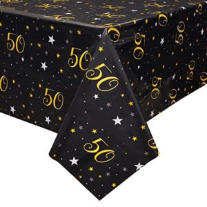 Juvale 3 Pack 50th Birthday Tablecloth for Party Decorations, Plastic Table Covers for Anniversary (Black, Gold, 54 x 108 in)