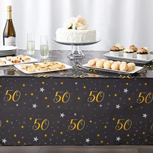 Juvale 3 Pack 50th Birthday Tablecloth for Party Decorations, Plastic Table Covers for Anniversary (Black, Gold, 54 x 108 in)