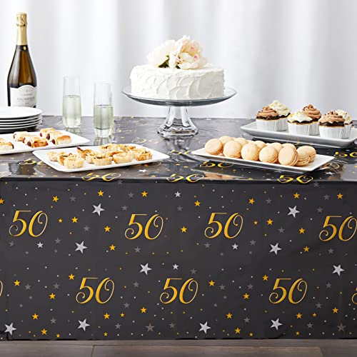 Juvale 3 Pack 50th Birthday Tablecloth for Party Decorations, Plastic Table Covers for Anniversary (Black, Gold, 54 x 108 in)