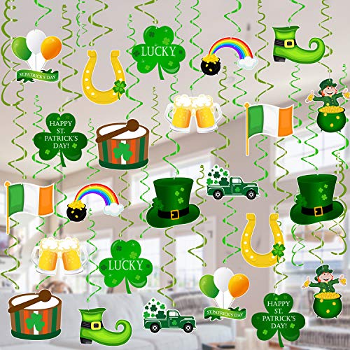 Tifeson St. Patrick's Day Decorations Hanging Swirls - 36 PCS Shamrock Clover Leprechaun Horseshoe Ceiling Foil Swirls for Lucky Day Home Office Decor - Saint Patrick's Day Irish Party Hanging Decorations Supplies