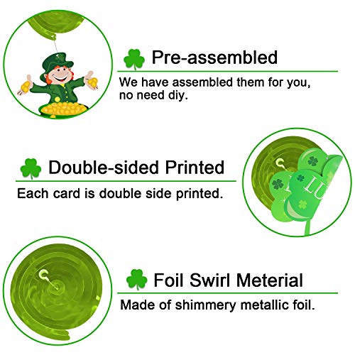 Tifeson St. Patrick's Day Decorations Hanging Swirls - 36 PCS Shamrock Clover Leprechaun Horseshoe Ceiling Foil Swirls for Lucky Day Home Office Decor - Saint Patrick's Day Irish Party Hanging Decorations Supplies