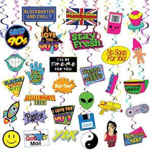 32 piece 90s party hanging swirls decorations, throwback 1990s themed party supplies and favors