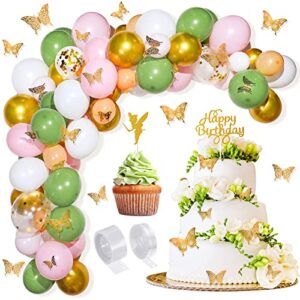 fairy birthday party decoration 154 pieces butterfly balloon garland arch kit gold olive green pink white confetti latex balloons gold glitter fairy happy birthday cake topper for baby shower wedding