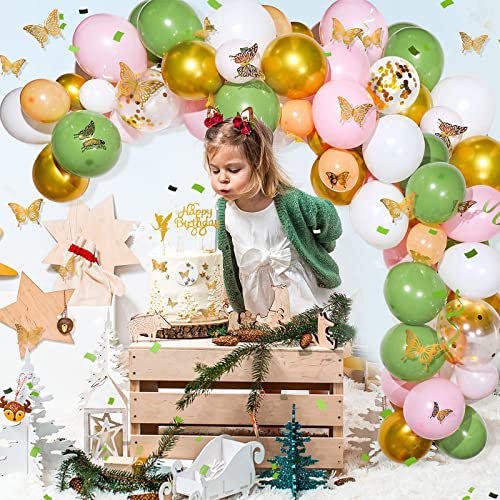 Fairy Birthday Party Decoration 154 Pieces Butterfly Balloon Garland Arch Kit Gold Olive Green Pink White Confetti Latex Balloons Gold Glitter Fairy Happy Birthday Cake Topper for Baby Shower Wedding