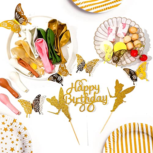 Fairy Birthday Party Decoration 154 Pieces Butterfly Balloon Garland Arch Kit Gold Olive Green Pink White Confetti Latex Balloons Gold Glitter Fairy Happy Birthday Cake Topper for Baby Shower Wedding