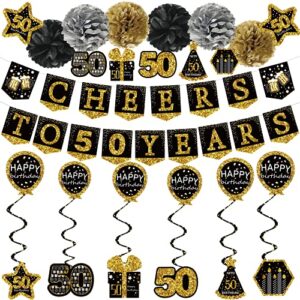 50th birthday decorations for men – (21pack) cheers to 50 years black gold glitter banner for women, 6 paper poms, 6 hanging swirl, 7 decorations stickers. 50 years old party supplies gifts for men