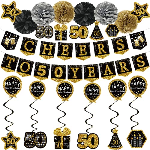 50th birthday decorations for men - (21pack) cheers to 50 years black gold glitter banner for women, 6 paper Poms, 6 Hanging Swirl, 7 decorations stickers. 50 Years Old Party Supplies gifts for men