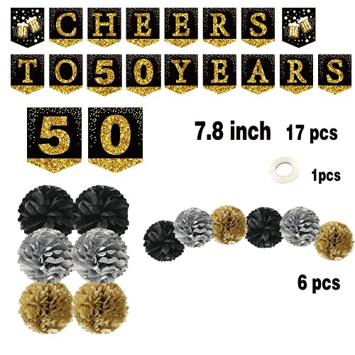 50th birthday decorations for men - (21pack) cheers to 50 years black gold glitter banner for women, 6 paper Poms, 6 Hanging Swirl, 7 decorations stickers. 50 Years Old Party Supplies gifts for men