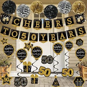 50th birthday decorations for men - (21pack) cheers to 50 years black gold glitter banner for women, 6 paper Poms, 6 Hanging Swirl, 7 decorations stickers. 50 Years Old Party Supplies gifts for men