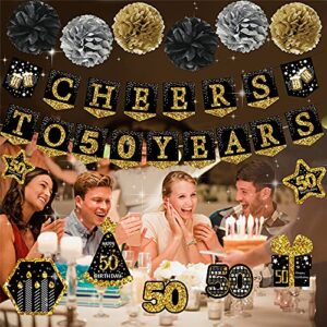 50th birthday decorations for men - (21pack) cheers to 50 years black gold glitter banner for women, 6 paper Poms, 6 Hanging Swirl, 7 decorations stickers. 50 Years Old Party Supplies gifts for men