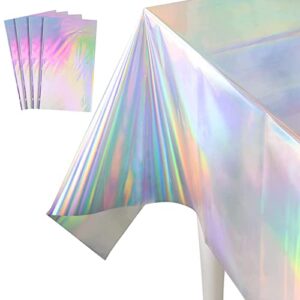 4 pack iridescence plastic tablecloths – disposable table covers shiny rectangle table cloth holographic foil iridescent birthday wedding christmas holiday party decorations 54×108 inch (laser)