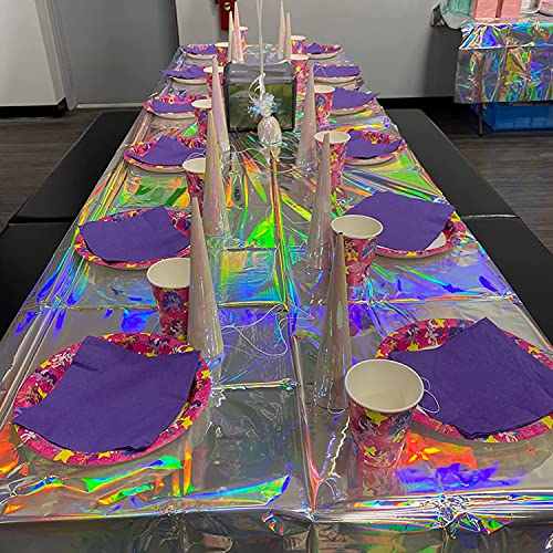 4 Pack Iridescence Plastic Tablecloths - Disposable Table Covers Shiny Rectangle Table Cloth Holographic Foil Iridescent Birthday Wedding Christmas Holiday Party Decorations 54x108 Inch (Laser)