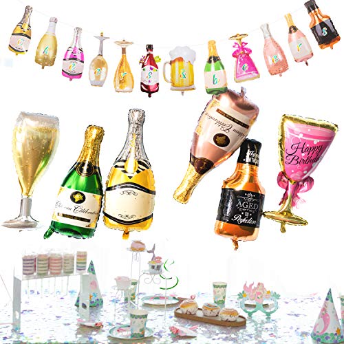 Collect Present Champagne and Wine Bottle Balloons – 12 Foil Balloons with Beers & Cheers Banner – Birthday, Bachelorette and Engagement Party Decorations with Banner Ribbon