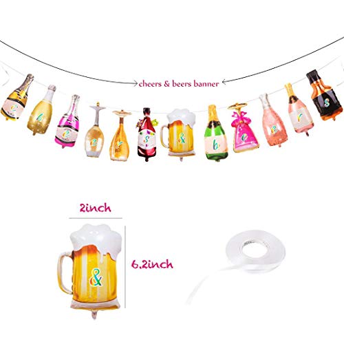 Collect Present Champagne and Wine Bottle Balloons – 12 Foil Balloons with Beers & Cheers Banner – Birthday, Bachelorette and Engagement Party Decorations with Banner Ribbon