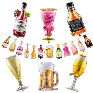 Collect Present Champagne and Wine Bottle Balloons – 12 Foil Balloons with Beers & Cheers Banner – Birthday, Bachelorette and Engagement Party Decorations with Banner Ribbon