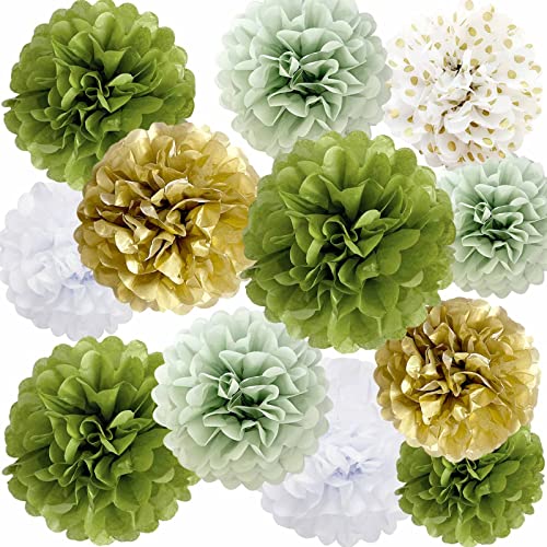 ANSOMO Olive Sage Green Tissue Paper Pom Poms Party Decorations Wild Safari Jungle Botanical Greenery Neutral White Gold Flowers Wall Hanging Birthday Bridal Baby Shower Wedding Décor