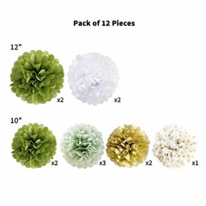 ANSOMO Olive Sage Green Tissue Paper Pom Poms Party Decorations Wild Safari Jungle Botanical Greenery Neutral White Gold Flowers Wall Hanging Birthday Bridal Baby Shower Wedding Décor