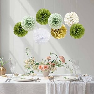 ANSOMO Olive Sage Green Tissue Paper Pom Poms Party Decorations Wild Safari Jungle Botanical Greenery Neutral White Gold Flowers Wall Hanging Birthday Bridal Baby Shower Wedding Décor