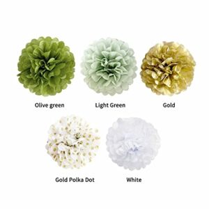 ANSOMO Olive Sage Green Tissue Paper Pom Poms Party Decorations Wild Safari Jungle Botanical Greenery Neutral White Gold Flowers Wall Hanging Birthday Bridal Baby Shower Wedding Décor