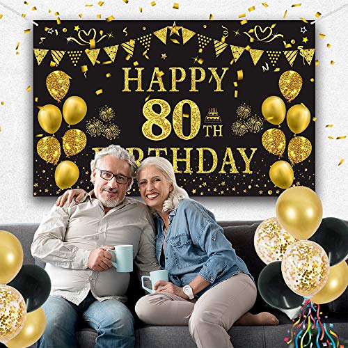 Trgowaul 80th Birthday Backdrop Gold and Black 5.9 X 3.6 Fts Happy Birthday Party Decorations Banner for Women Men Photography Supplies Background Happy Birthday Decoration