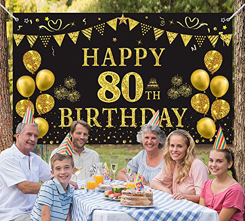 Trgowaul 80th Birthday Backdrop Gold and Black 5.9 X 3.6 Fts Happy Birthday Party Decorations Banner for Women Men Photography Supplies Background Happy Birthday Decoration