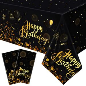 turstin 2 pack happy birthday tablecloths black gold plastic table cloth rectangular 54 x 108 inch party table covers for parties, birthday, anniversary decorations