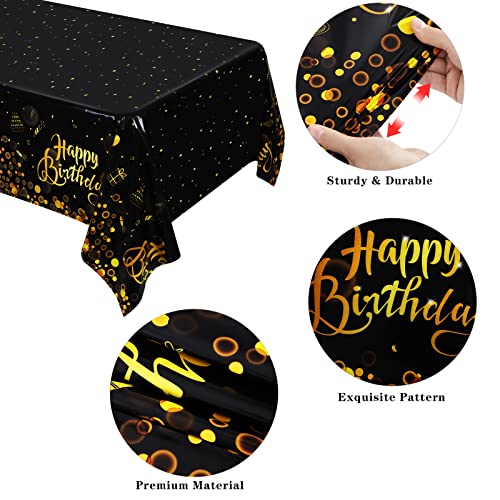 TURSTIN 2 Pack Happy Birthday Tablecloths Black Gold Plastic Table Cloth Rectangular 54 x 108 Inch Party Table Covers for Parties, Birthday, Anniversary Decorations