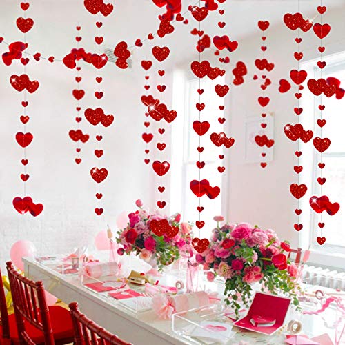 pinkblume 52Ft Red Heart Garland Metallic Glitter Hanging Heart Streamer Banner for Anniversary Mother's Day Valentines Day Engagement Wedding Bridal Shower Bachelorette Hen Party Decorations Supplies
