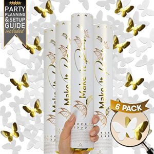 premium confetti cannon – 6 pack – white and gold butterfly shaped confetti poppers bulk | party poppers confetti shooters | white confetti and gold confetti cannons for birthday, graduation, wedding | white and gold poppers confetti shooters | white and