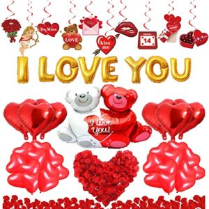 55 pack i love you balloons and heart balloons kit with valentines hanging swirls 1000 pcs dark-red silk rose petals wedding flower love-bear red heart balloons for valentines day anniversary wedding