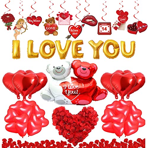 55 Pack I Love You Balloons and Heart Balloons Kit with Valentines Hanging Swirls 1000 Pcs Dark-Red Silk Rose Petals Wedding Flower Love-Bear Red Heart Balloons for Valentines Day Anniversary Wedding