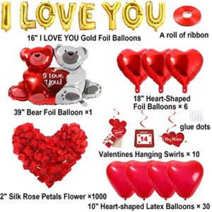 55 Pack I Love You Balloons and Heart Balloons Kit with Valentines Hanging Swirls 1000 Pcs Dark-Red Silk Rose Petals Wedding Flower Love-Bear Red Heart Balloons for Valentines Day Anniversary Wedding