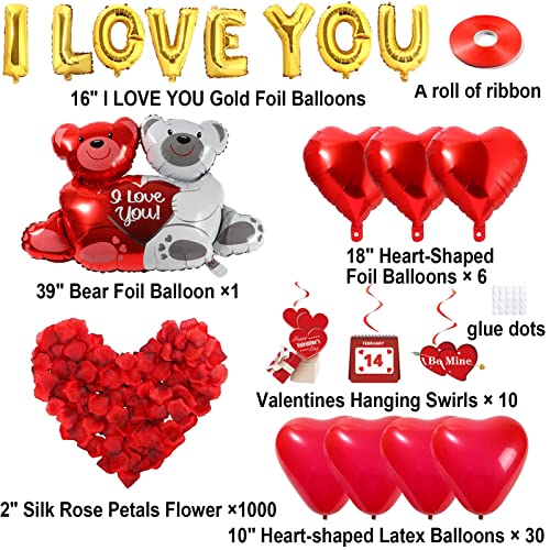 55 Pack I Love You Balloons and Heart Balloons Kit with Valentines Hanging Swirls 1000 Pcs Dark-Red Silk Rose Petals Wedding Flower Love-Bear Red Heart Balloons for Valentines Day Anniversary Wedding