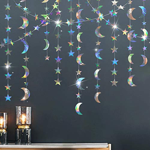 Iridescent Twinkle Little Star Moon Garlands Holographic Euphoria Party Decorations Hanging Stars Streamer Backdrop Crescent Garlands EID Ramadan Bachelorette Wedding Birthday Party Supplies